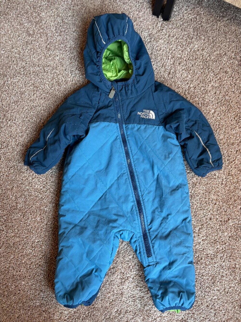 The North Face Infant One-Piece Puffer Bunting Snowsuit 3-6mo Blue Lime Green